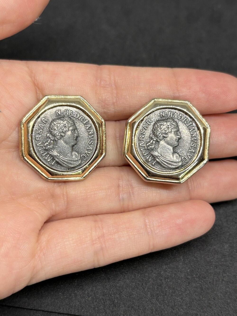 Vintage Ben Amun Gold Tone Faux Roman Coin Hadrian Clip On Earrings 1”